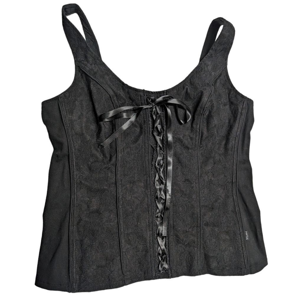 Vintage Tripp NYC Women's XL Lace Corset Ribbon Bustier Whimsigoth Black Y2K